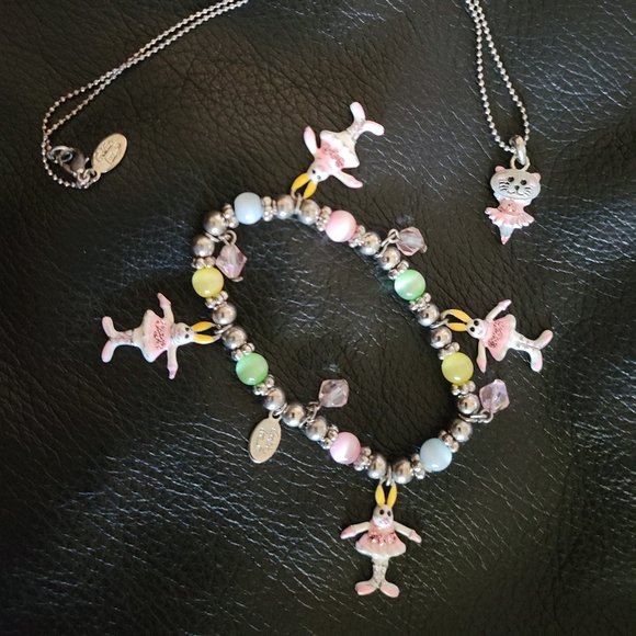 Cookie Lee Kids Bunny and Cat Ballerina Bracelet and Necklace set 2 piece set - Picture 1 of 1